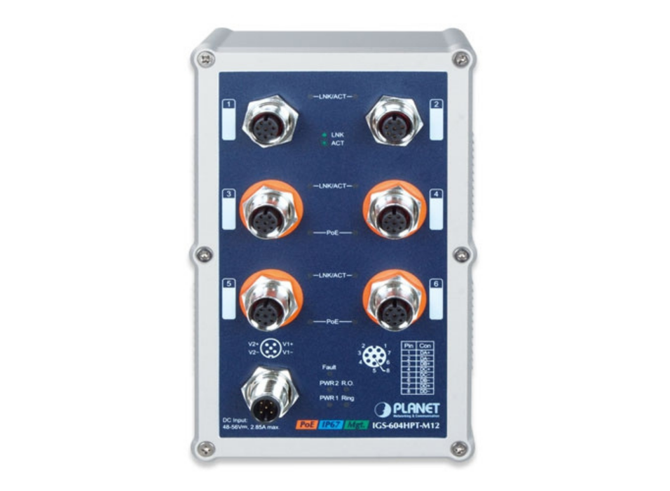 Planet Industrial IP67 Rated 4-Port 10/100/1000T 802.3at PoE + 2-Port 10/100/1000T Managed Ethernet Switch | IGS-604HPT-M12 Planet Network Switches Planet