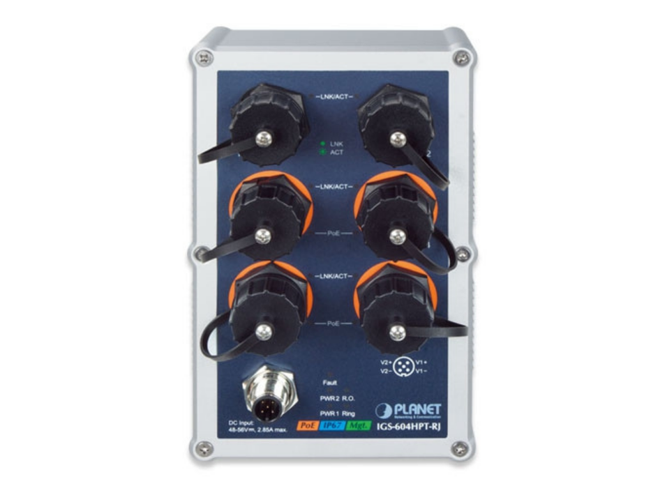 Planet Industrial IP67-rated 4-Port 10/100/1000T 802.3at PoE + 2-Port 10/100/1000T Managed Ethernet Switch | IGS-604HPT-RJ Planet Network Switches Planet