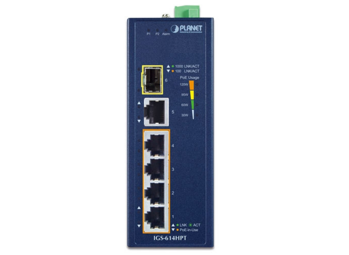 Planet Industrial 4-Port 10/100/1000T 802.3at PoE + 1-Port 10/100/1000T + 1-Port 100/1000X SFP Gigabit Ethernet Switch | IGS-614HPT Network Switch Planet