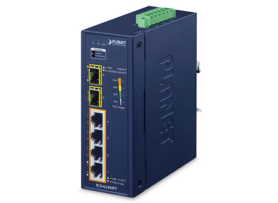 Planet Industrial 4-Port 10/100/1000T 802.3at PoE + 2-Port 100/1000/2500X SFP Ethernet Switch | IGS-624HPT