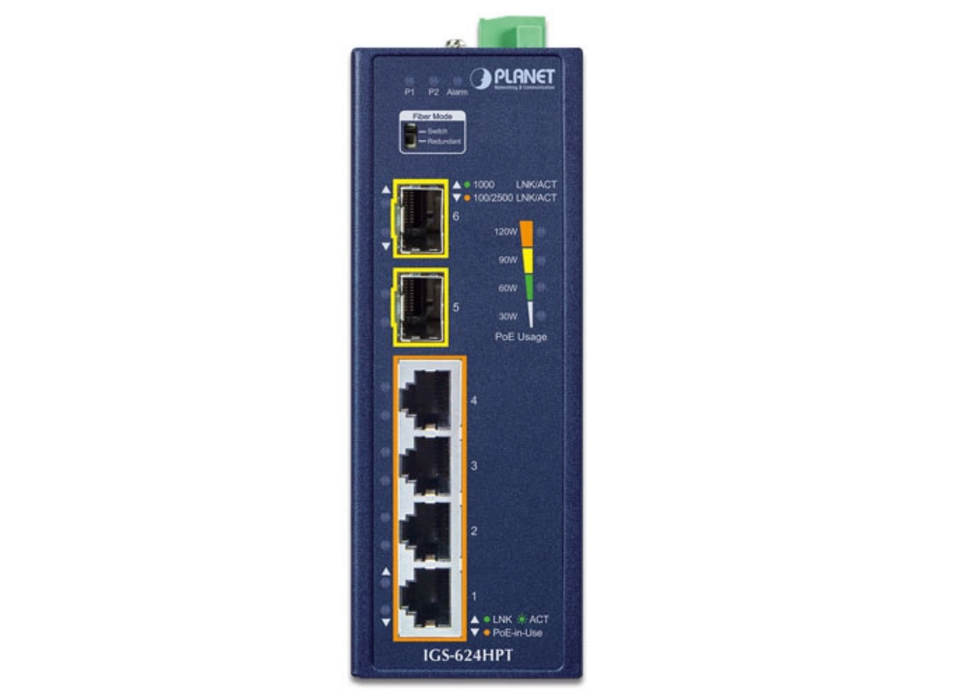 Planet Industrial 4-Port 10/100/1000T 802.3at PoE + 2-Port 100/1000/2500X SFP Ethernet Switch | IGS-624HPT