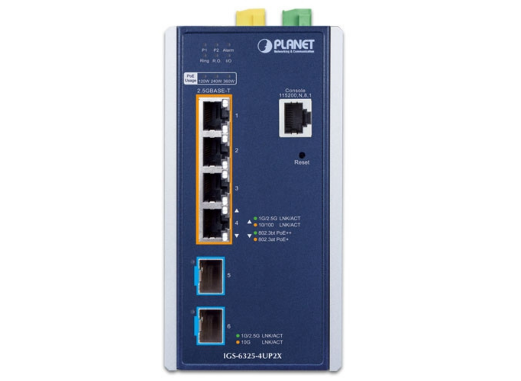 Planet Industrial L3 4-Port 2.5GBASE-T 802.3bt PoE + 2-Port 10G SFP+ Managed Ethernet Switch | IGS-6325-4UP2X Network Switch Planet