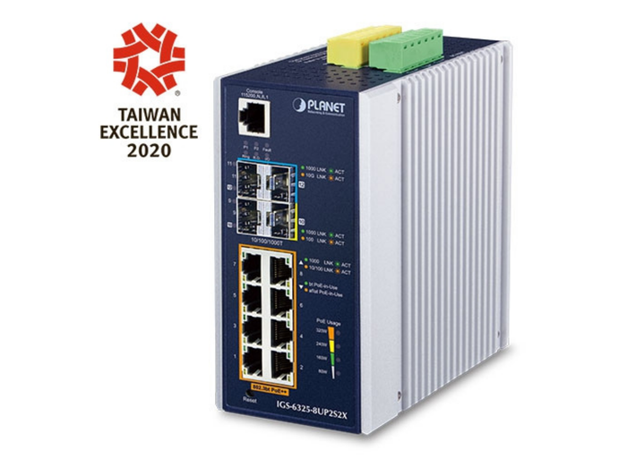 Planet Industrial L3 8-Port 10/100/1000T 802.3bt PoE + 2-Port 1G/2.5G SFP + 2-Port 10G SFP+ Managed Ethernet Switch | IGS-6325-8UP2S2X Network Switch Planet