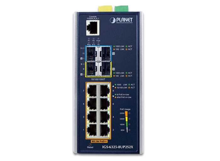 Planet Industrial L3 8-Port 10/100/1000T 802.3bt PoE + 2-Port 1G/2.5G SFP + 2-Port 10G SFP+ Managed Ethernet Switch | IGS-6325-8UP2S2X Network Switch Planet