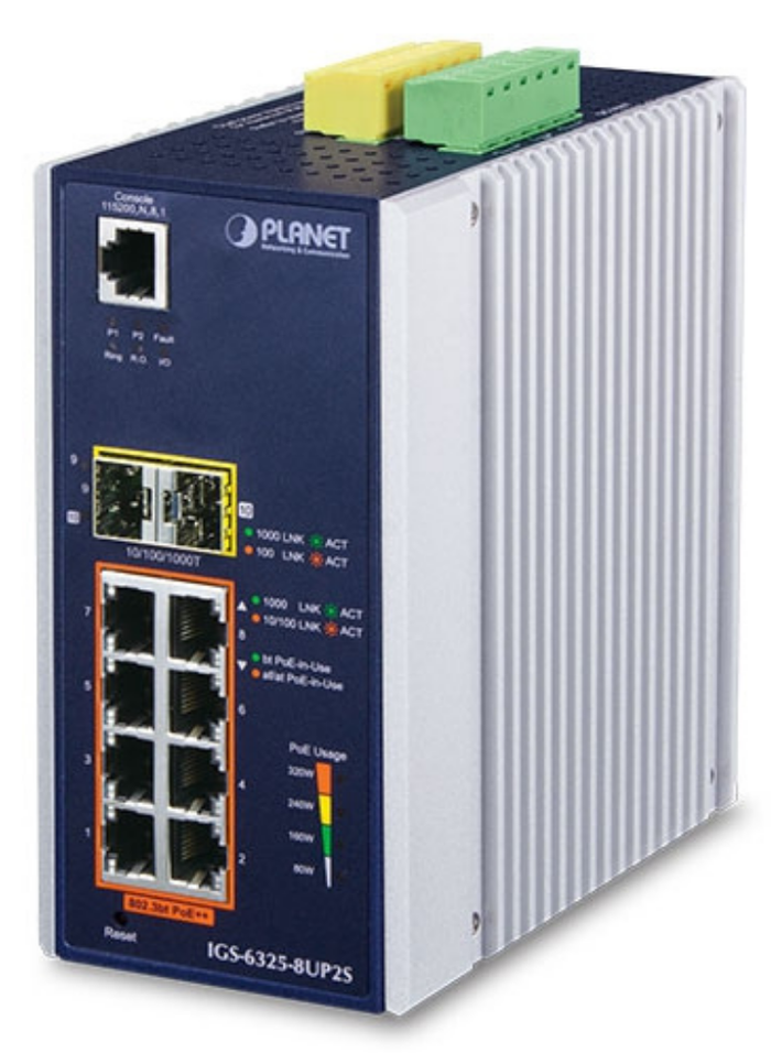 Planet Industrial L3 8-Port 10/100/1000T 802.3bt PoE + 2-Port 1G/2.5G SFP + Managed Ethernet Switch | IGS-6325-8UP2S Network Switch Planet
