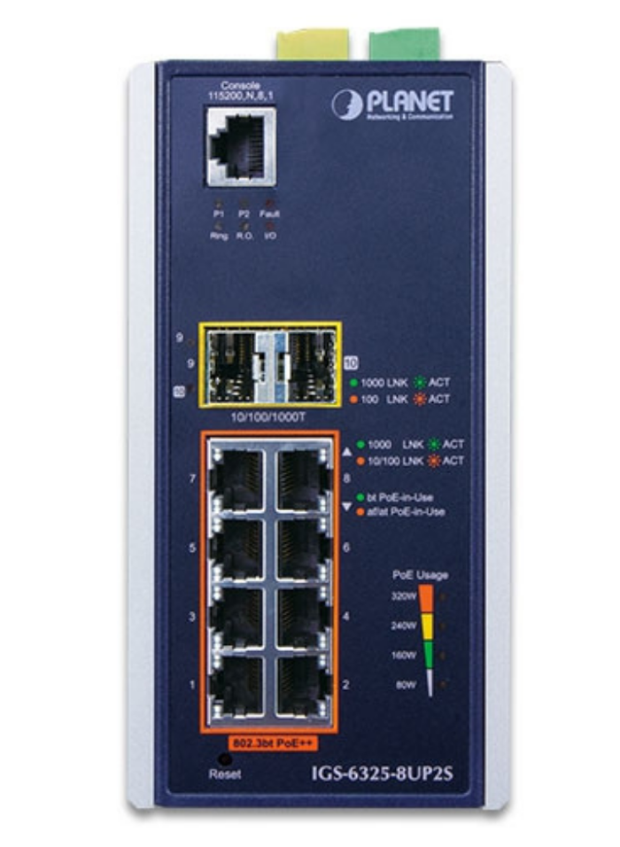 Planet Industrial L3 8-Port 10/100/1000T 802.3bt PoE + 2-Port 1G/2.5G SFP + Managed Ethernet Switch | IGS-6325-8UP2S Network Switch Planet