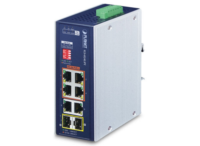 Planet Industrial 4×PoE++ Gigabit Switch with 2×RJ45 & 2×SFP Uplink | IGS-824UPT Network Switch Planet