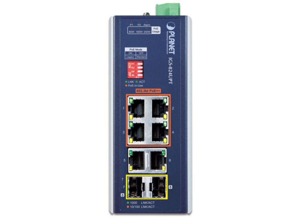 Planet Industrial 4×PoE++ Gigabit Switch with 2×RJ45 & 2×SFP Uplink | IGS-824UPT Network Switch Planet