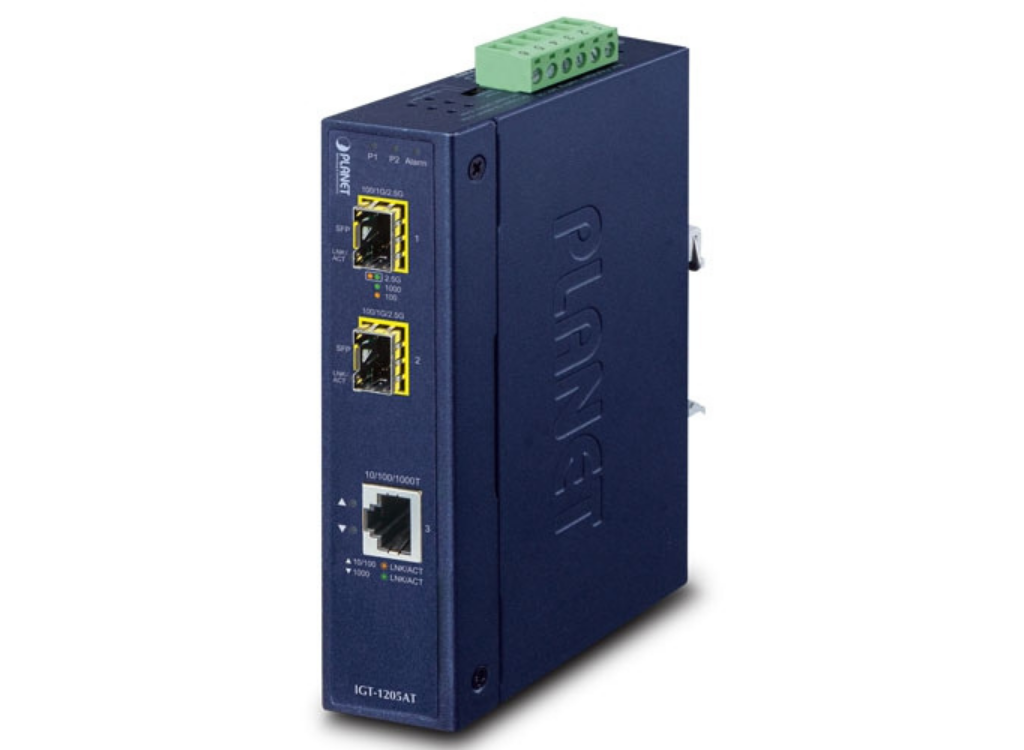 Planet Industrial 1-port 10/100/1000T to 2-port 100/1000/2500X SFP Media Converter Adapter / Converter Planet