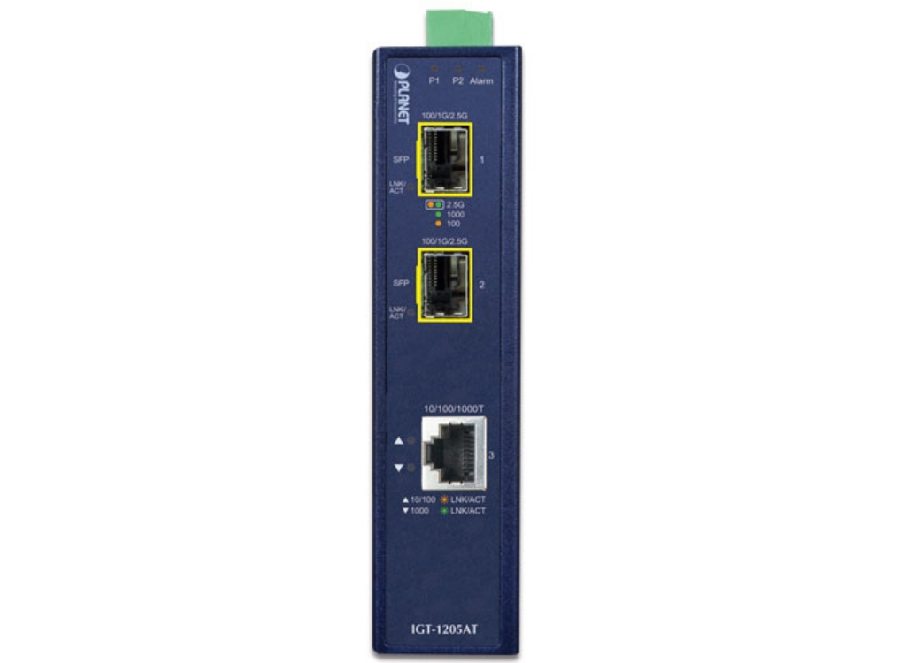 Planet Industrial 1-port 10/100/1000T to 2-port 100/1000/2500X SFP Media Converter Adapter / Converter Planet