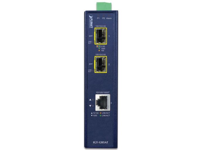 Planet Industrial 1-port 10/100/1000T to 2-port 100/1000/2500X SFP Media Converter Adapter / Converter Planet