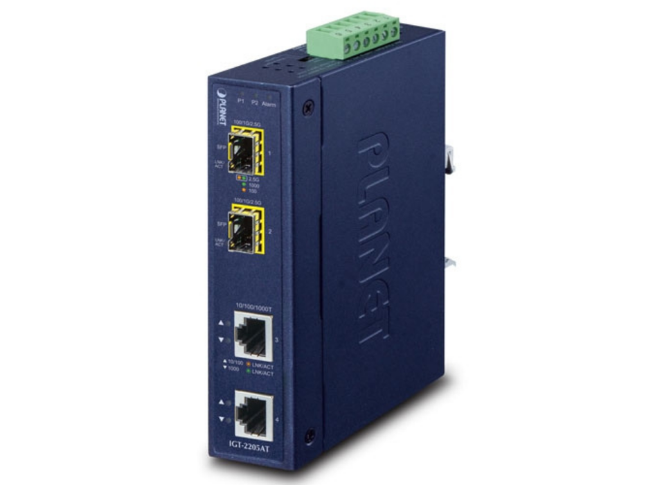 Planet Industrial 2-port 10/100/1000T to 2-port 100/1000/2500X SFP Media Converter | IGT-2205AT Planet Network Media Converters Planet