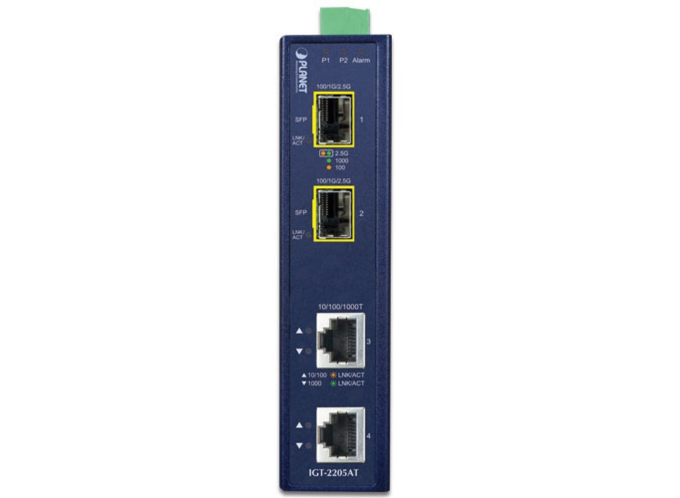 Planet Industrial 2-port 10/100/1000T to 2-port 100/1000/2500X SFP Media Converter | IGT-2205AT Planet Network Media Converters Planet