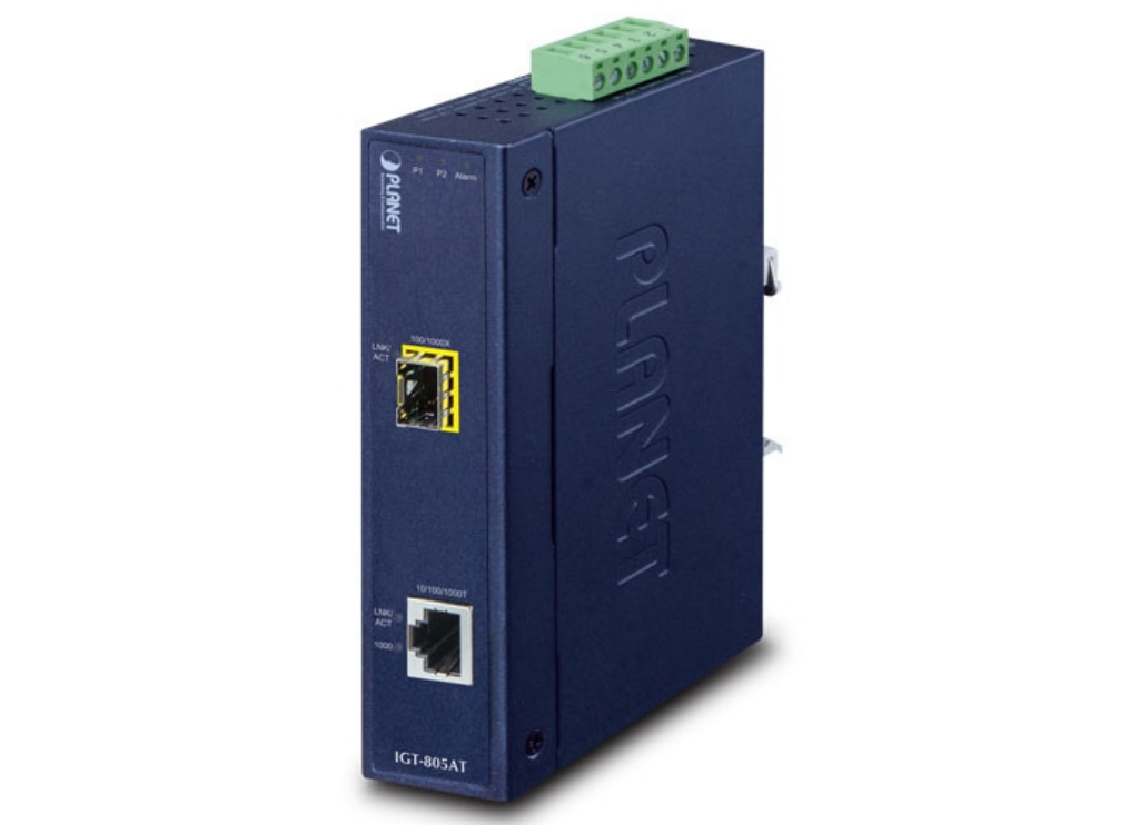 Planet Industrial 10/100/1000BASE-T to 100/1000BASE-X SFP Media Converter | IGT-805AT Video Signal Converter Planet