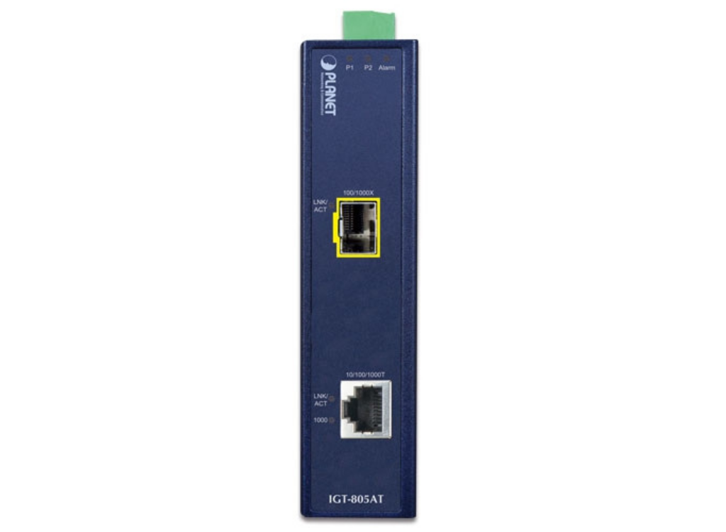 Planet Industrial 10/100/1000BASE-T to 100/1000BASE-X SFP Media Converter | IGT-805AT Video Signal Converter Planet