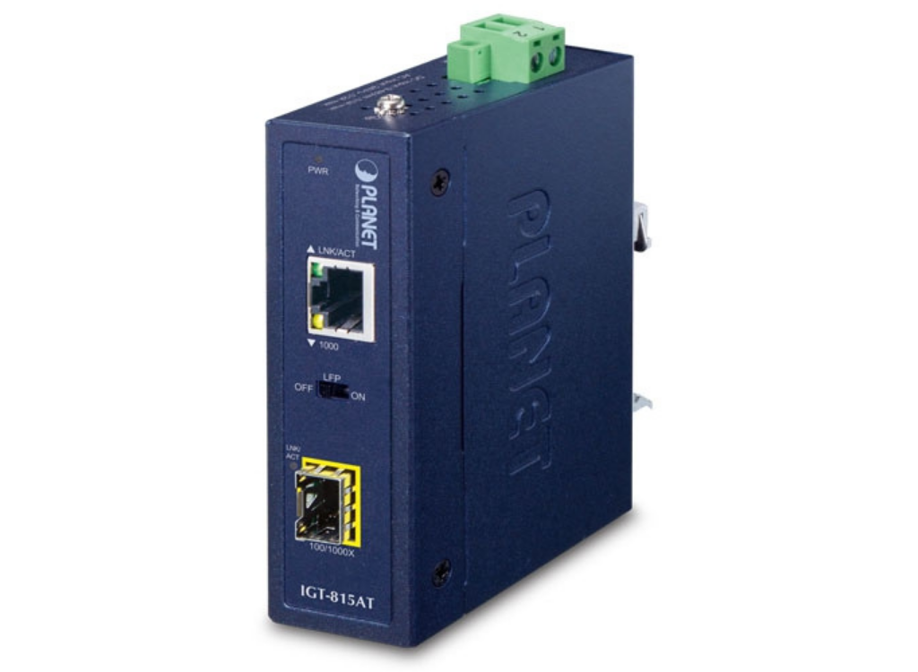 Planet Industrial Compact 100/1000BASE-X to 10/100/1000BASE-T Media Converter | IGT-815AT Video Signal Converter Planet