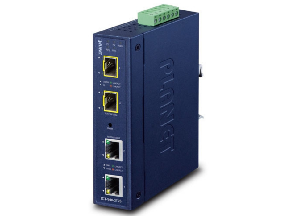 Planet Industrial 2-Port 10/100/1000T + 2-Port 100/1000/2500X SFP Managed Media Converter | IGT-900-2T2S