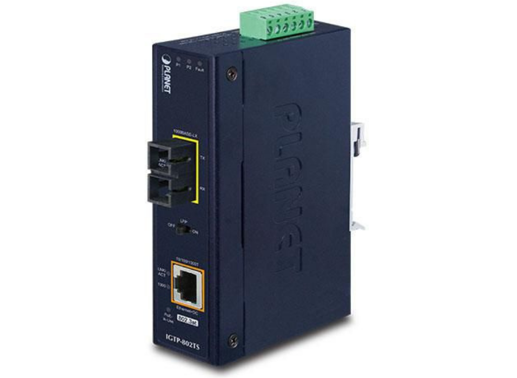 Planet 1000BASE-LX to 10/100/1000BASE-T 802.3at PoE+ Industrial Media Converter | IGTP-802TS Video Signal Converter Planet