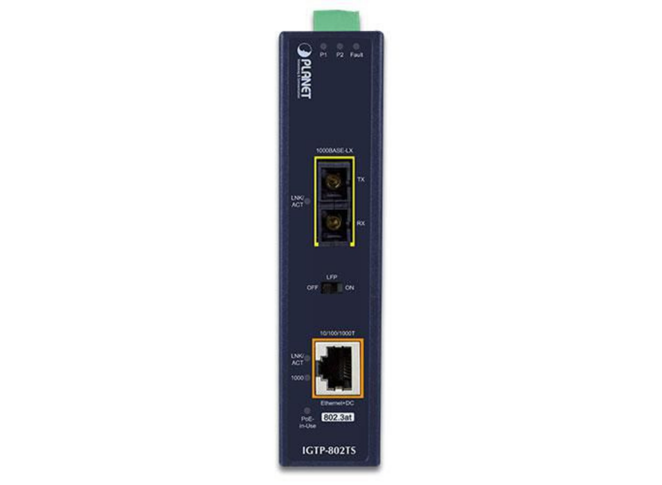 Planet 1000BASE-LX to 10/100/1000BASE-T 802.3at PoE+ Industrial Media Converter | IGTP-802TS