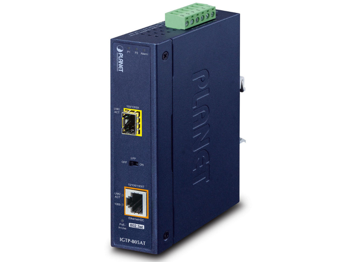 Planet 1000Base-SX / LX to 10/100/1000Base-T 802.3at PoE Industrial Media Converter | IGTP-805AT Video Signal Converter Planet