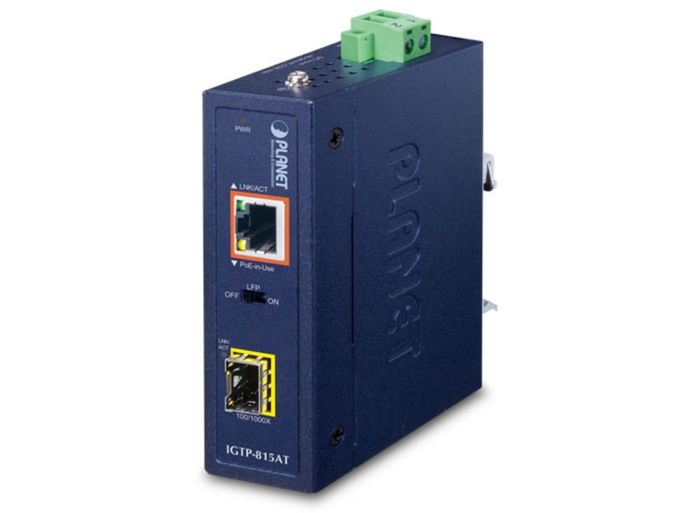 Planet Industrial Compact 100/1000BASE-X to 10/100/1000BASE-T 802.3at PoE+ Media Converter | IGTP-815AT Video Signal Converter Planet