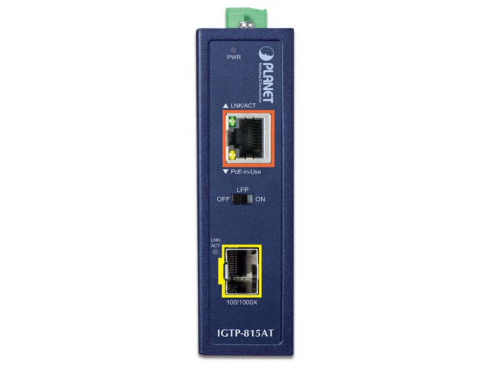 Planet Industrial Compact 100/1000BASE-X to 10/100/1000BASE-T 802.3at PoE+ Media Converter | IGTP-815AT Video Signal Converter Planet