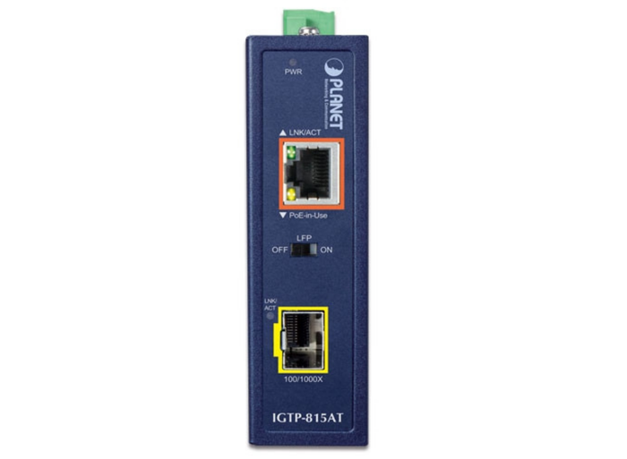 Planet Industrial Compact 100/1000BASE-X to 10/100/1000BASE-T 802.3at PoE+ Media Converter | IGTP-815AT Video Signal Converter Planet