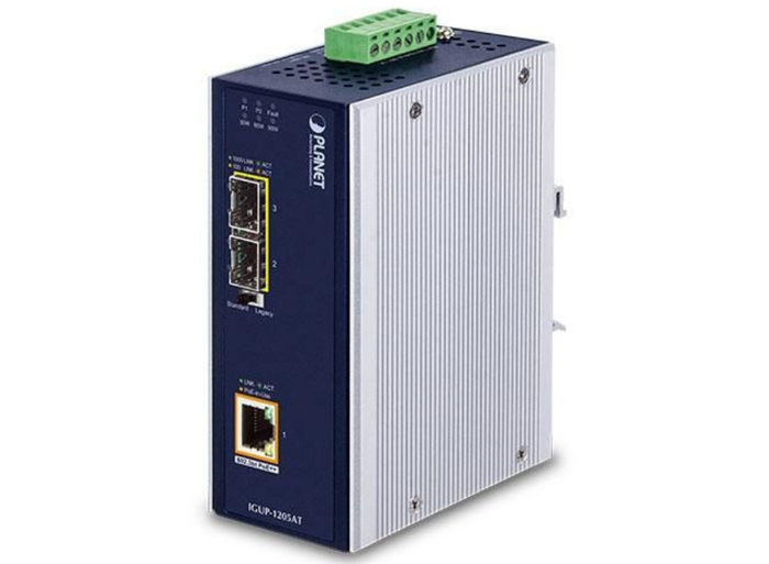 Planet Industrial 2-Port 100/1000X SFP to 1-Port 10/100/1000T 802.3bt PoE++ Media Converter | IGUP-1205AT Video Signal Converter Planet
