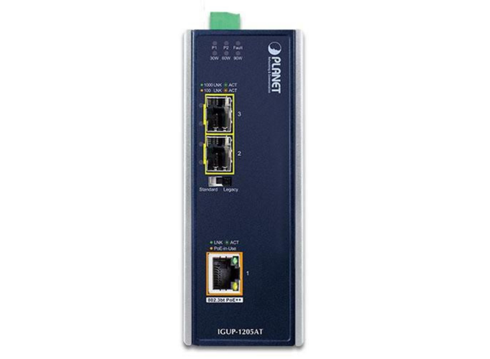 Planet Industrial 2-Port 100/1000X SFP to 1-Port 10/100/1000T 802.3bt PoE++ Media Converter | IGUP-1205AT Video Signal Converter Planet