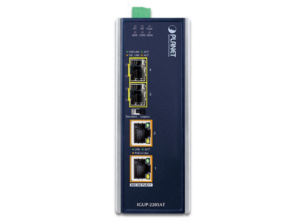 Planet Industrial 2-Port 100/1000X SFP to 2-Port 10/100/1000T 802.3bt PoE++ Media Converter | IGUP-2205AT Video Signal Converter Planet