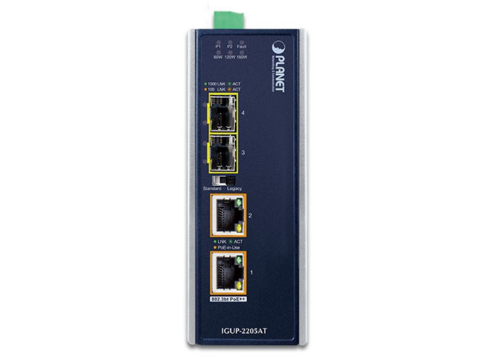 Planet Industrial 2-Port 100/1000X SFP to 2-Port 10/100/1000T 802.3bt PoE++ Media Converter | IGUP-2205AT Video Signal Converter Planet