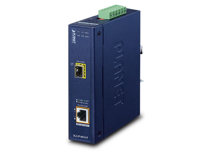 Planet Industrial 1-Port 100/1000X SFP to 1-Port 10/100/1000T 802.3bt PoE++ Media Converter | IGUP-805AT Video Signal Converter Planet
