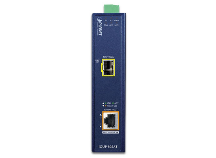 Planet Industrial 1-Port 100/1000X SFP to 1-Port 10/100/1000T 802.3bt PoE++ Media Converter | IGUP-805AT Video Signal Converter Planet
