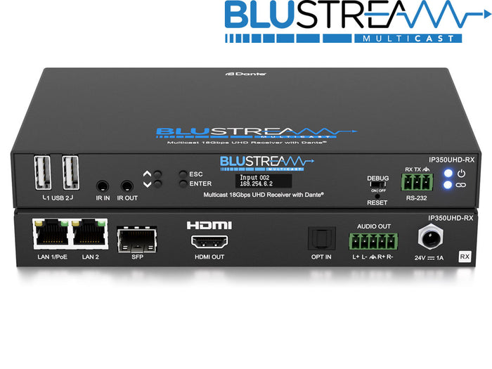 BluStream 4K 60Hz 4:4:4 IP Dante Enabled Multicast UHD Video Receiver Over 1GB Network | IP350UHD-RX AV Receiver BluStream