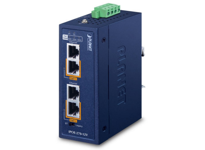 Planet Industrial 2-port Multi-Gigabit 802.3bt PoE++ Injector Hub | IPOE-270 Network Switch Planet