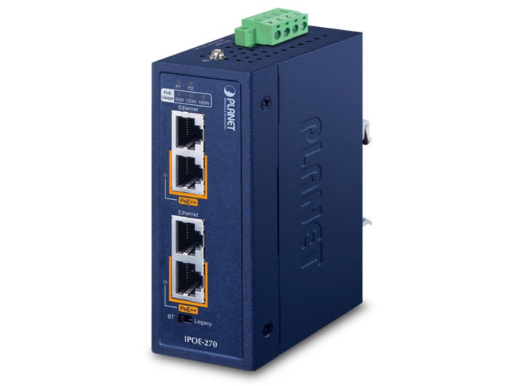 Planet Industrial 2-port Multi-Gigabit 802.3bt PoE++ Injector Hub | IPOE-270 Network Switch Planet