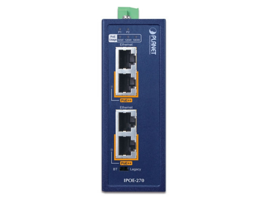 Planet Industrial 2-port Multi-Gigabit 802.3bt PoE++ Injector Hub | IPOE-270 Planet Network Switches Planet