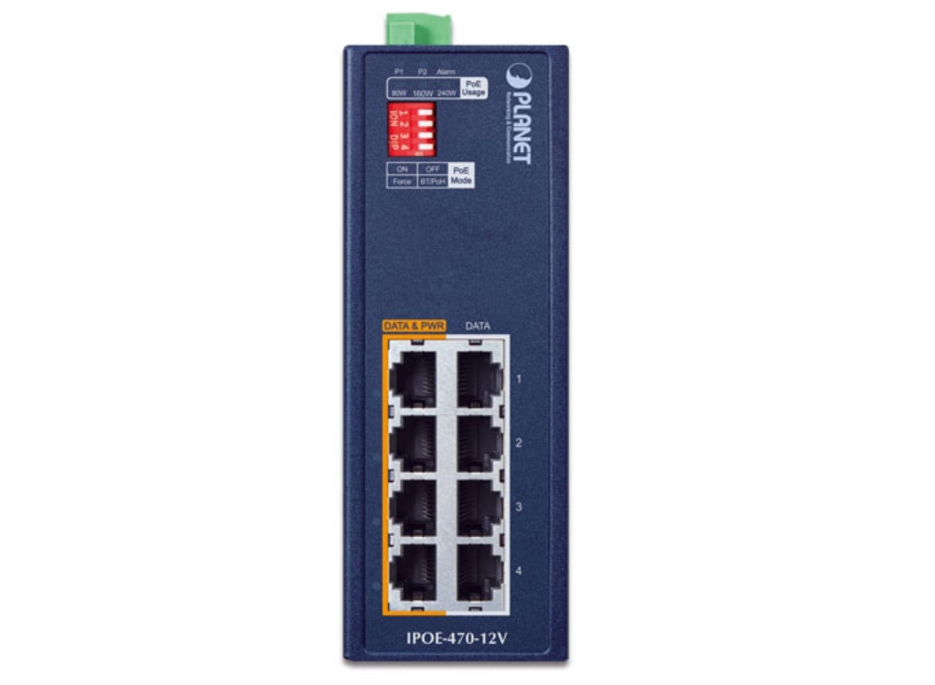 Planet IPOE-470-12V Industrial 4-Port 95W PoE++ Injector Hub with 12V Booster Network Switch Planet