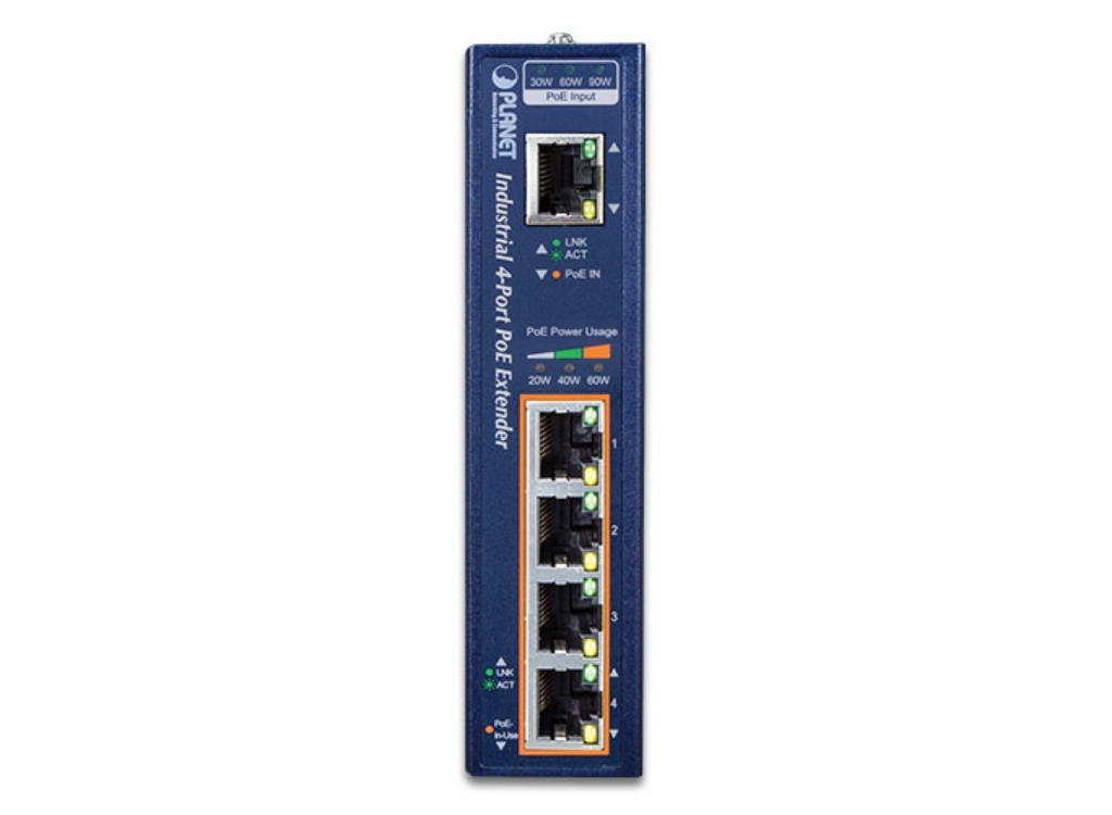 Planet Industrial 1-Port 802.3bt PoE++ to 4-Port 802.3af/at Gigabit PoE Extender | IPOE-E174 AV Extender Planet