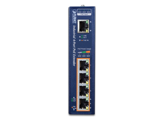 Planet Industrial 1-Port 802.3bt PoE++ to 4-Port 802.3af/at Gigabit PoE Extender | IPOE-E174 AV Extender Planet