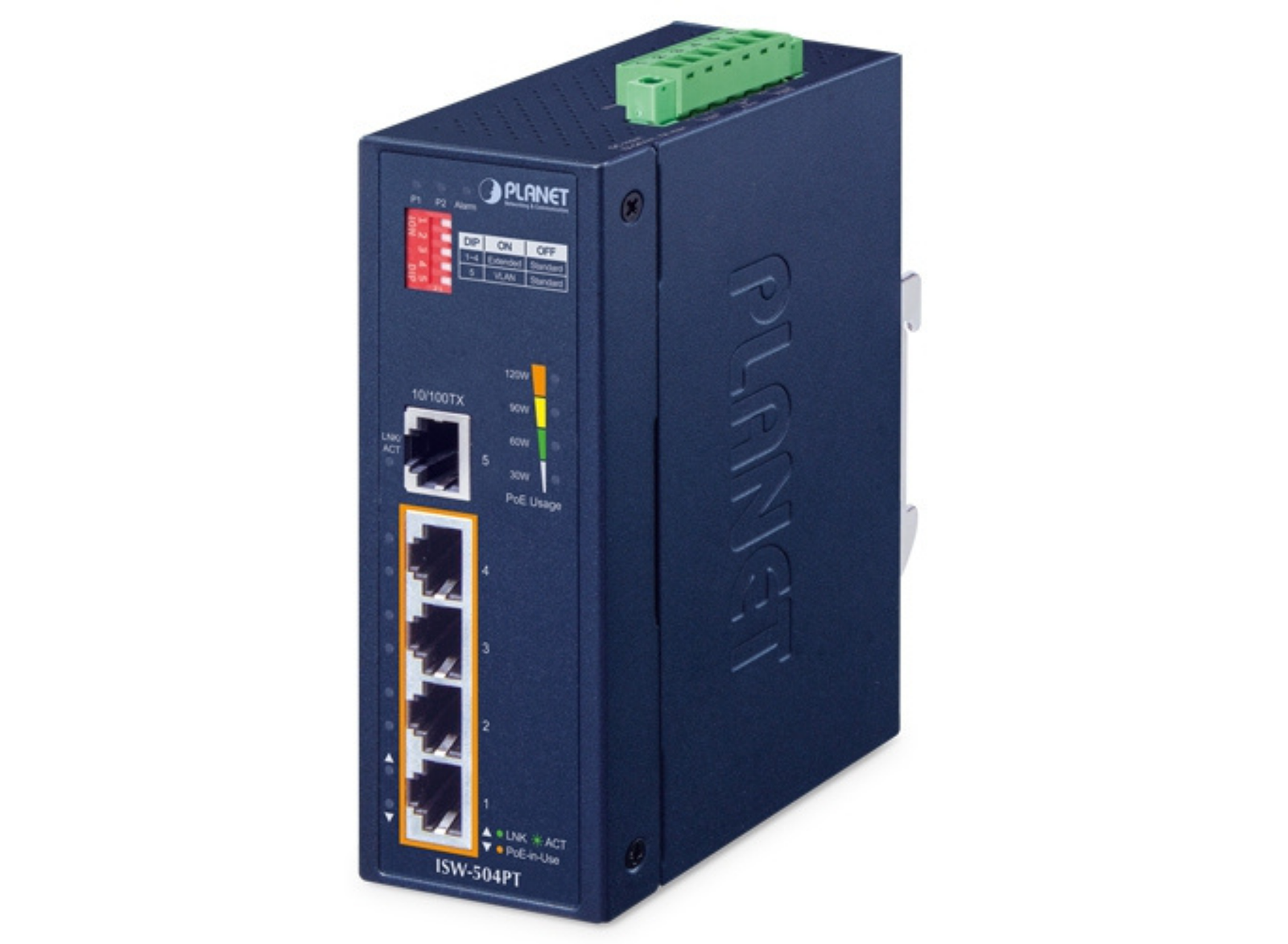 Planet Industrial 5-Port 10/100TX Ethernet Switch with 4-Port 802.3at PoE+ | ISW-504PT Network Switch Planet
