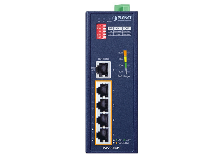 Planet Industrial 5-Port 10/100TX Ethernet Switch with 4-Port 802.3at PoE+ | ISW-504PT Network Switch Planet