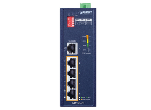 Planet Industrial 5-Port 10/100TX Ethernet Switch with 4-Port 802.3at PoE+ | ISW-504PT Planet Network Switches Planet
