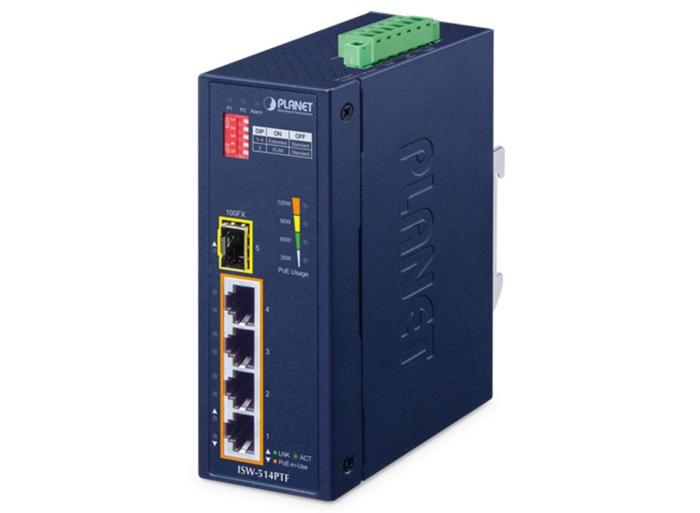 Planet Industrial 4-Port 10/100TX 802.3at PoE+ plus 1-Port 100FX Ethernet Switch | ISW-514PTF Network Switch Planet
