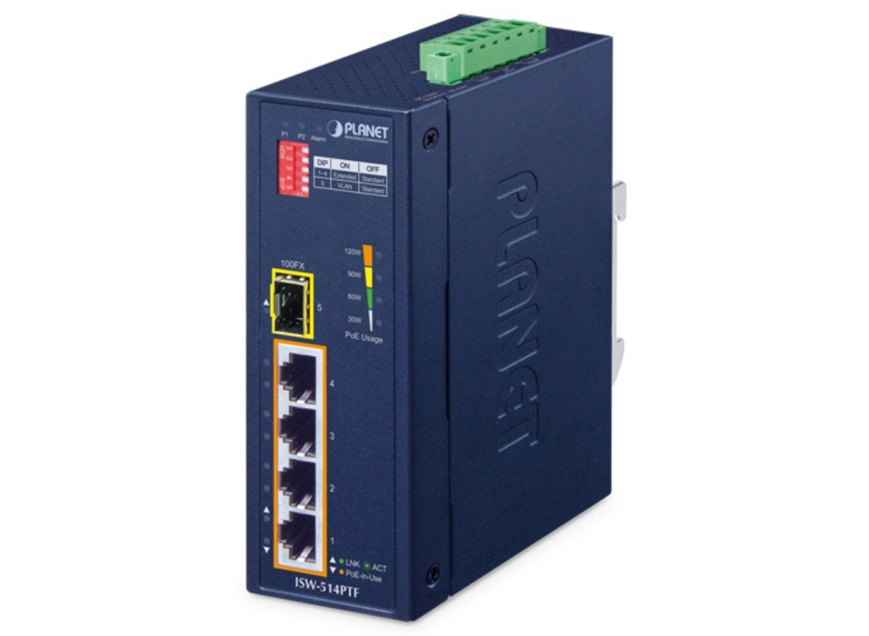 Planet Industrial 4-Port 10/100TX 802.3at PoE+ plus 1-Port 100FX Ethernet Switch | ISW-514PTF Planet Network Switches Planet