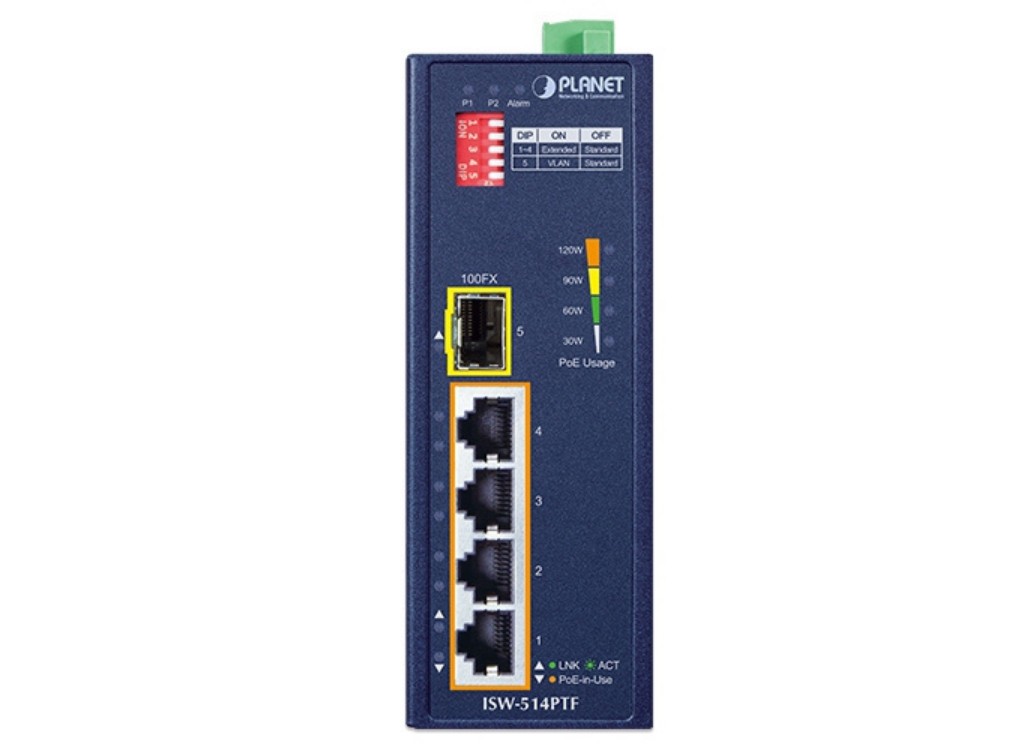 Planet Industrial 4-Port 10/100TX 802.3at PoE+ plus 1-Port 100FX Ethernet Switch | ISW-514PTF Network Switch Planet
