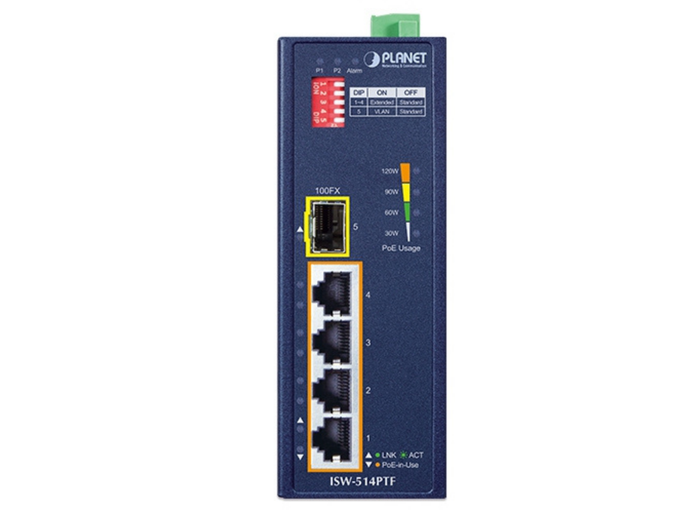 Planet Industrial 4-Port 10/100TX 802.3at PoE+ plus 1-Port 100FX Ethernet Switch | ISW-514PTF Network Switch Planet