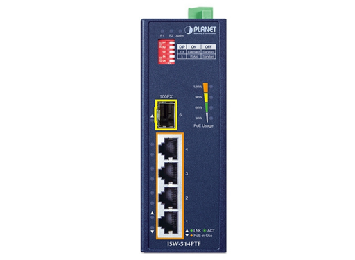 Planet Industrial 4-Port 10/100TX 802.3at PoE+ plus 1-Port 100FX Ethernet Switch | ISW-514PTF Planet Network Switches Planet