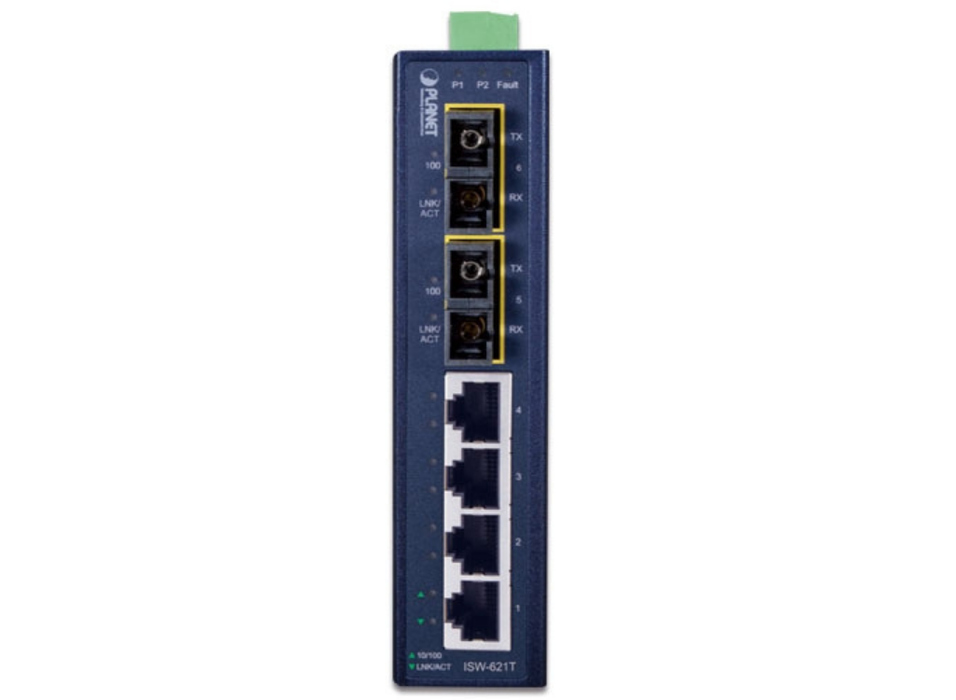 Planet 4-Port 10/100Base-TX + 2-Port 100Base-FX Industrial Ethernet Switch with Wide Operating Temperature (-40~75 degrees C) Planet Network Switches Planet