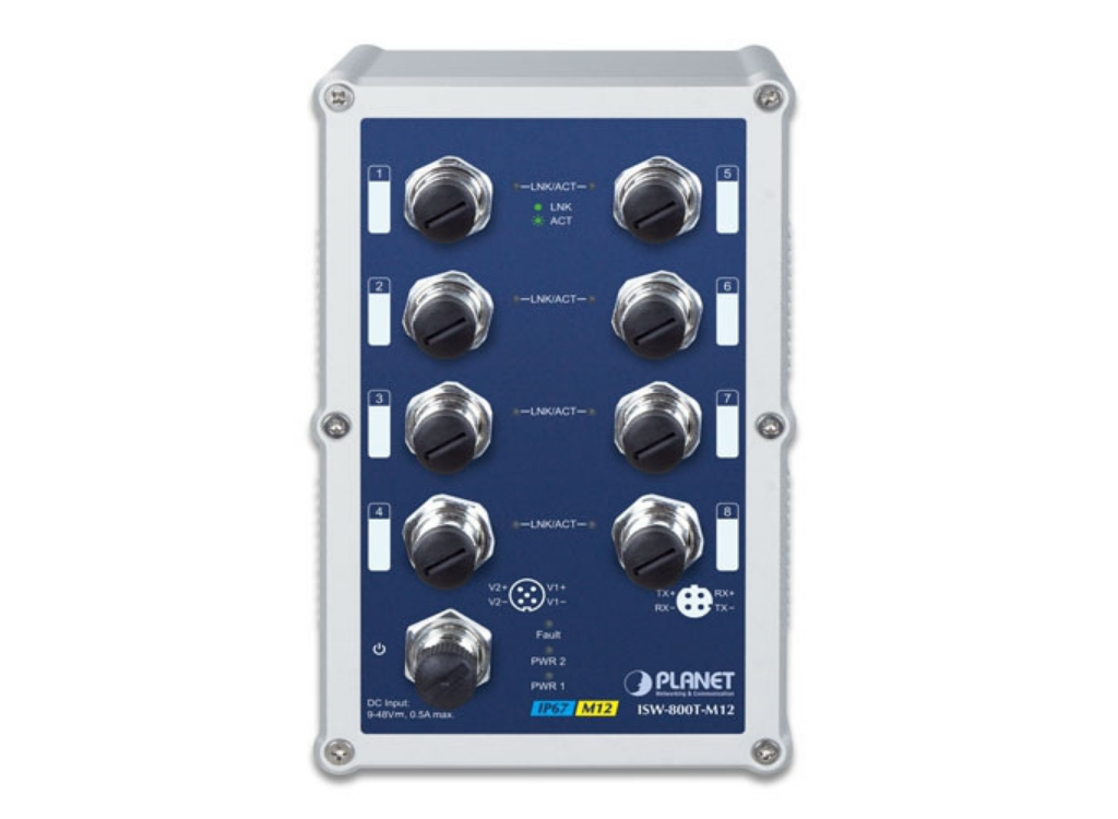 Planet Industrial IP67 Rated 8-Port 10/100Mbps M12 Fast Ethernet Switch with Wide Operating Temperature | ISW-800T-M12 Network Switch Planet